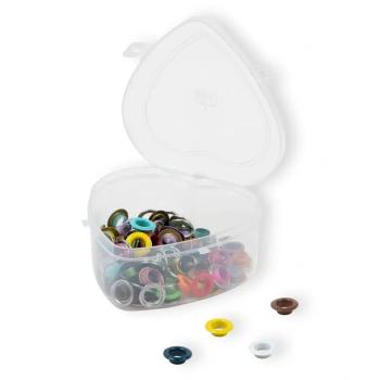 Preview: Prym Ösen mit Scheiben, bunt, in Herzbox, 11 mm 542621